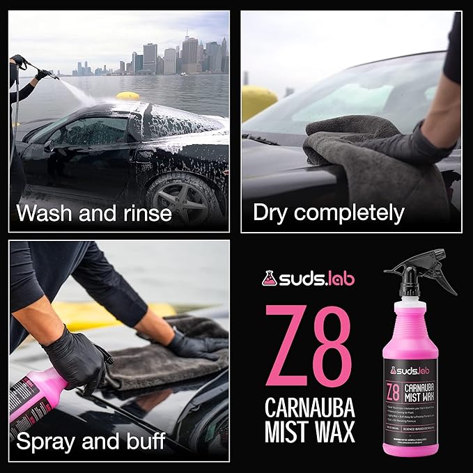 Suds Lab Z8 Carnauba Mist Wax – High Gloss Shine & UV Protection – Fast Water Beading Spray for Paint, Glass, & Clear Coat – Quick, Easy Application – 32oz