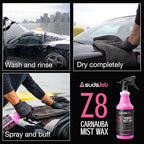 Suds Lab Z8 Carnauba Mist Wax – High Gloss Shine & UV Protection – Fast Water Beading Spray for Paint, Glass, & Clear Coat – Quick, Easy Application – 32oz