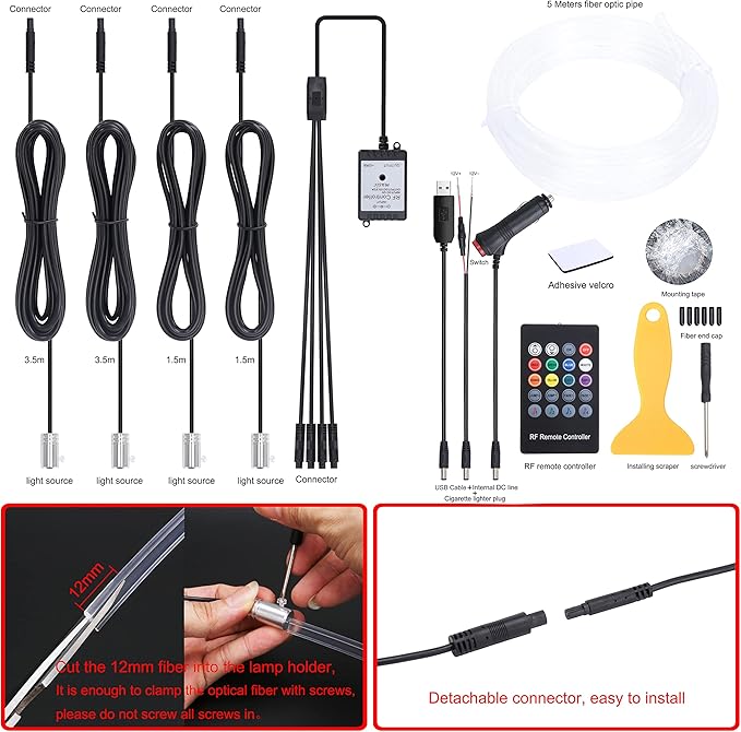 Car Ambient Lighting Kit 8 Colors Multicoloured Music Optic Fiber RF Remote Control Car DIY Decorative Atmosphere Lighting DC 12V 1W 5m