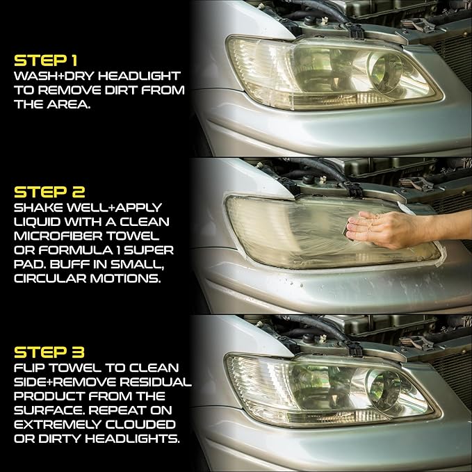 Formula 1 Headlight Restorer & Sealant – One Step Polish to Clean & Renew Yellowed Headlights, Windscreens, or Exterior Plastics (8 oz.)