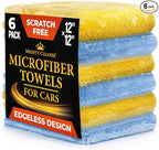 Super Soft Microfiber Towels for Cars - Edgeless - 6pk (12”x12”) - Premium Scratch-Free Towel - Great for Drying, Detailing, Polishing, Buffing - Ultra Absorbent Microfiber Cleaning Cloths for Car