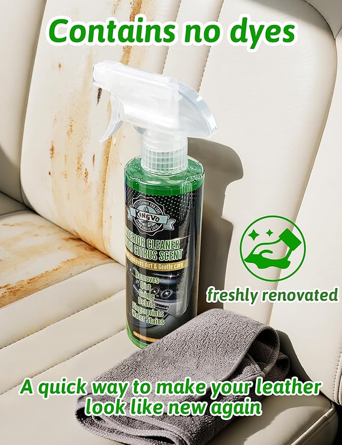 Kingvo Car Interior Cleaner Spray, Multipurpose Leather Seat Cleaner Upholstery Car Cleaning Kit with Citrus Flavor Auto Dashboard Vinyl Detailing Supplies Kit,10 OZ