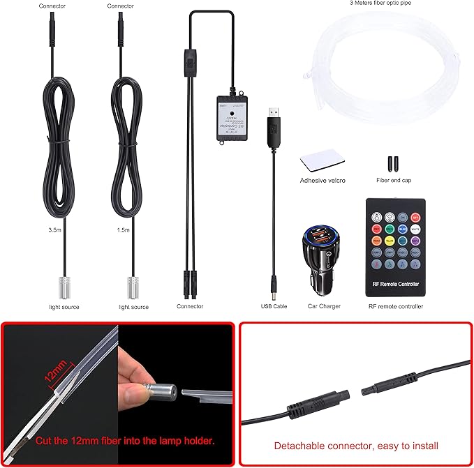 Car Interior Ambient Lighting Kit USB Multicolor RGB 3m Optic Fiber 8 Colors Sound Active Music Sync Memory Function Wireless RF Remote Controller Car Atmosphere Light with car Charger DC 12V