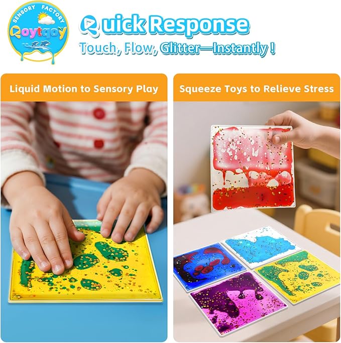 Squishy Liquid Sensory Gel Tiles 12 Packs - Square Sensory Fidget Toys for Stress Relief, Sensory Play & Portable Fun, Washable Sensory Floor Tiles for Kids in Home, Classroom, Travel