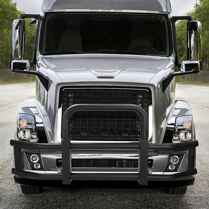 DNA Motoring Front Bumper Brush Bull Bar Deer Guard Compatible with Volvo VNL 04-17/430 15-16/630 15-16/670 15-16, 3mm Thick Iron Tubing, Powdercoated Matte Black, DG-G-002-BK+BKIT-DG-005