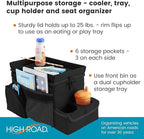 High Road CarHop Car Caddy Organizer with Road Trip Cooler, Car Cup Holder Bin, Sturdy Snack and Play Lid and 6 Organization and Storage Pockets, Black