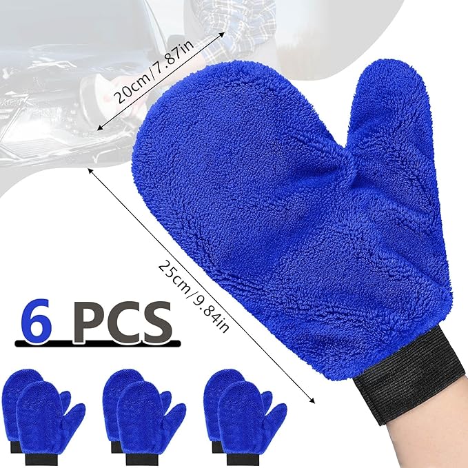 Teenyyou 6 Pcs Microfiber Dusting Mitt Car Wash Mitts Cleaning Glove with Thumb Reusable Terry Dusting Gloves with Elastic Wrist Cuff for Car Wheel Plants House Kitchen(Royal Blue,9.84 x 7.87 Inch)
