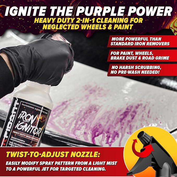 Carfidant Iron Ignitor - Iron Remover & Wheel Cleaner - Color-Changing Purple Decon Spray for Brake Dust, Rust, Fallout - Safe on Paint, Rims & Metal - Car Detailing - pH Neutral - 32oz
