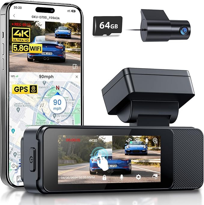 GKU Dash Cam Front and Rear, 3.18'' Touchscreen, 4K+1080P Dashcam, Built-in GPS, 5.8GHz WiFi Dash Camera for Cars with 24H Parking Monitor, Night Vision, WDR, Supports 512GB Max