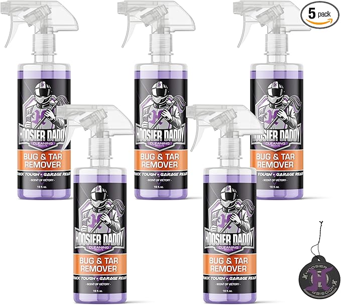 Hoosier Daddy 16oz Car Bug & Tar Remover - Fast-Acting Formula Dissolves Tough Bugs, Tar, & Sap - Easy Spray-On, Wipe-Off Solution for a Spotless Polished Finish + Air Freshener (5-Pack)