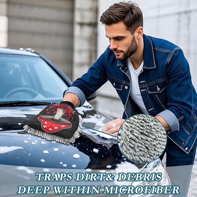 YETTASBIN Mushroom 2PCS Car Wash Mitts, Ultra Absorbent Chenille Microfiber Car Washing Gloves, Scratch-Free Lint-Free Auto Cleaning Mitt, Machine Washable Elastic Cuff Car Wash Sponge