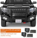 Hooke Road 16-18 Sierra Front Bumper Grille Brush Guard Push Bull Bar for 2016-2018 GMC Sierra 1500, Off-road Heavy Duty Steel Bumper with Winch Plate, D-ring Mounts & LED Lights