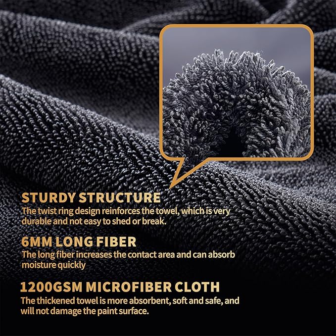 1200 GSM Microfiber Car Drying Towel – Extra Large 24” x 36”, Streak-Free, Scratch-Free, and Ultra-Absorbent for Effortless Car Detailing, Double Twist Pile & & Edgeless Design