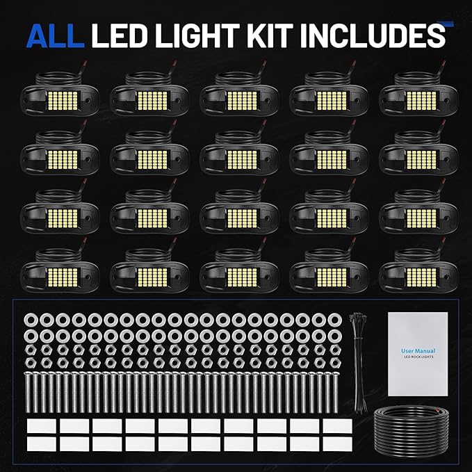 20 Pods 6500k White Rock Lights, IP68 Waterproof 36 LEDs SMD Chips Underglow Kit for Truck Pickup SUV UTV ATV RZR Car Boats