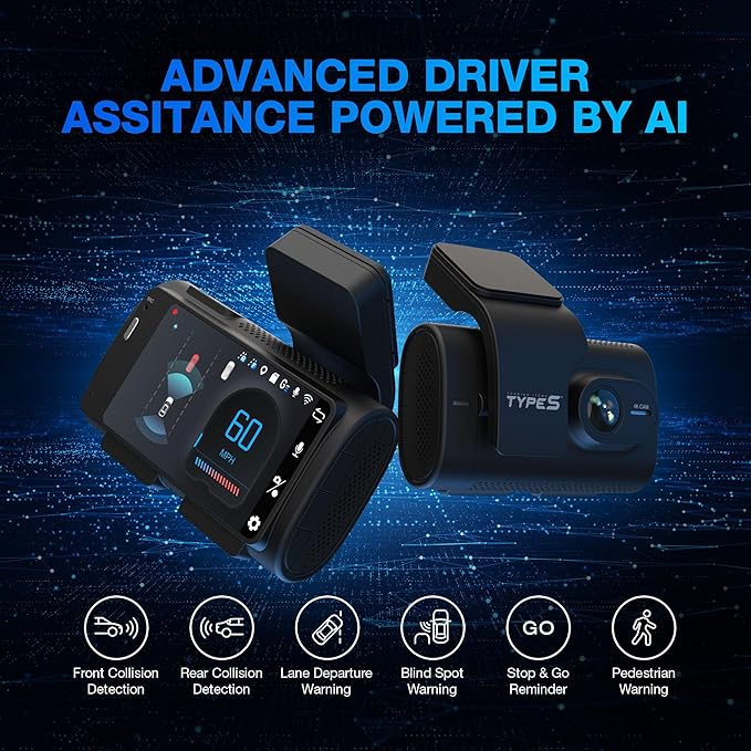 Type S T200 AI Driver Assistance Dash Cam Powered by ADAS, 1440p, Collision Alerts, Lane and Pedestrian Detection, Vehicle Departure Reminders, Front Rear 2 Channel Smart 24/7 Video Surveillance