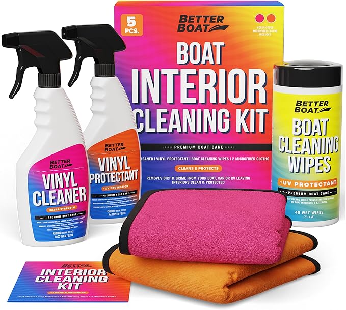 Boat Interior Cleaning Kit, Marine Vinyl Protectant and Cleaner, Wipes, Microfiber Cloths, for Boat Seats, Pontoon Accessories, Jet Ski, Car, and RV Care Supplies