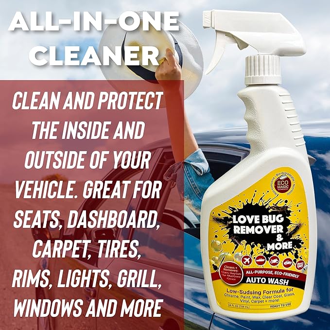 Love Bug Car Remover Spray and Auto Wash. Multi-Surface Remover and Wash Bird Poop, Tar, Sap, Bugs and More. Interior & Exterior Car Detailing Solution. 24 oz spray bottle w/ microfiber cloth. No Chemicals