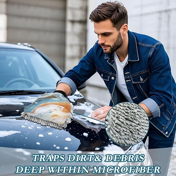 YETTASBIN Blue Gold Marble 2PCS Car Wash Mitts, Ultra Absorbent Chenille Microfiber Car Washing Gloves, Scratch-Free Lint-Free Auto Cleaning Mitt, Machine Washable Elastic Cuff Car Wash Sponge