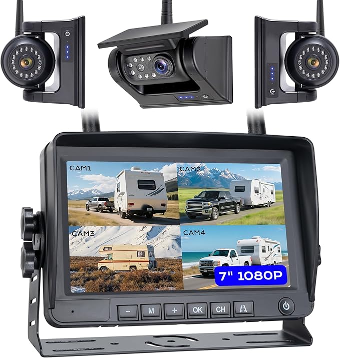 7" 3-Magnetic Wireless RV Backup Camera, HD1080P DVR Monitor, IP69 Waterproof & IR Night Vision 3x9600mAh Rechargeable Cameras, 2 Side Cameras & 1 Rear Camera for Trailer Truck Camper