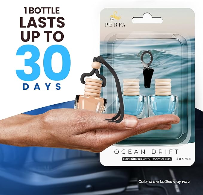 Ocean Fresh Car Air Freshener | Long Lasting Hanging Car Freshener with Vent Clip | New Car Fragrance, Slow-Release Aroma Technology, Adjustable Scent Intensity | Scented Interior Diffuser by Perfa