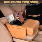 Zpana Car Center Console Armrest Pillow, Memory Foam Leather 4 in 1 Vehicle Arm Rest Cover with Tissue Box 2 Side Storage Bag Cup & Phone Holder, Auto Armrest Cushion, Universal Fit (Orange)