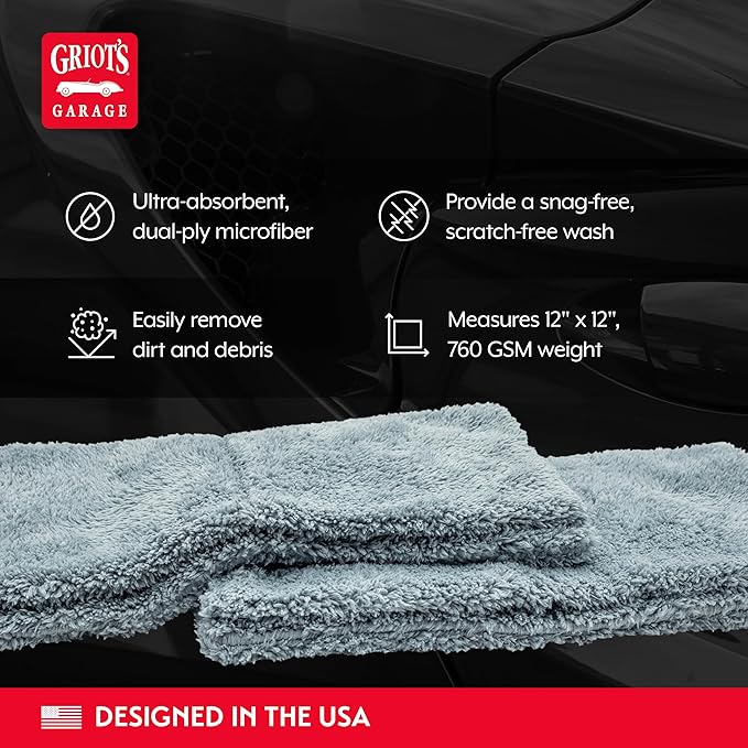 Griot's Garage Microfiber Plush Edgeless Wash Cloths for Car Cleaning, Scratch-Free, Machine-Washable, 12" x 12", Set of 2, 10295