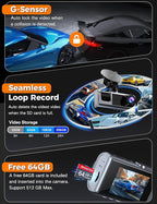 Galphi 3 Channel WiFi Dash Cam Front and Rear Inside with 64GB SD Card, 2.5K+1080P+1080P Car Dash Camera for Cars Front and Rear, Dashcam with G-Sensor, Loop Recording, 24H Parking Mode, Support 512GB