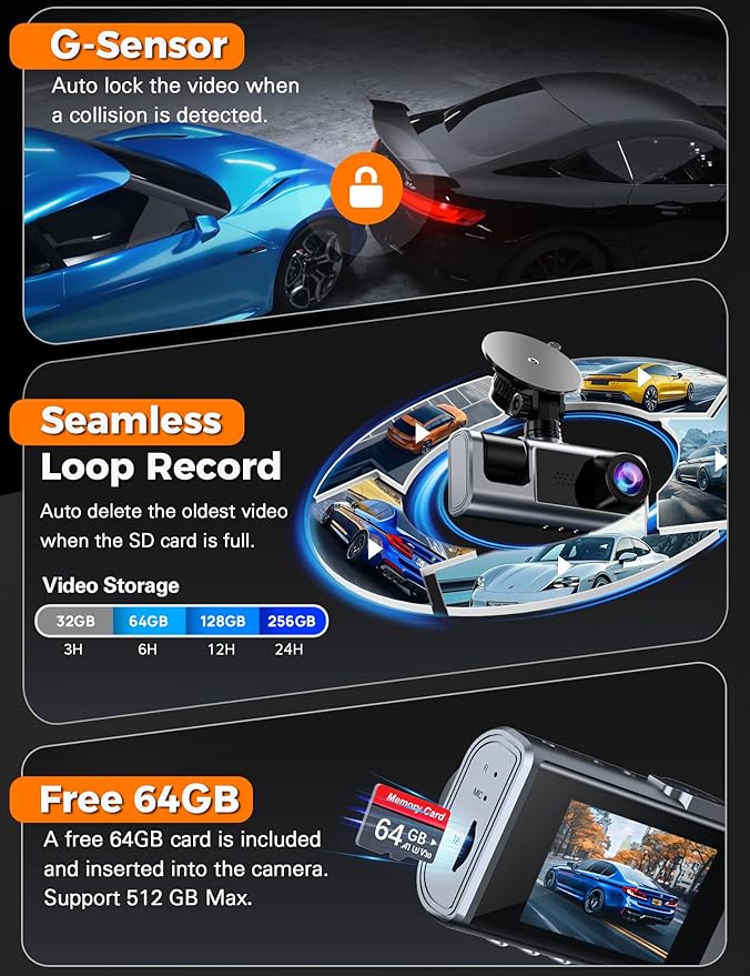 Galphi 3 Channel WiFi Dash Cam Front and Rear Inside with 64GB SD Card, 2.5K+1080P+1080P Car Dash Camera for Cars Front and Rear, Dashcam with G-Sensor, Loop Recording, 24H Parking Mode, Support 512GB