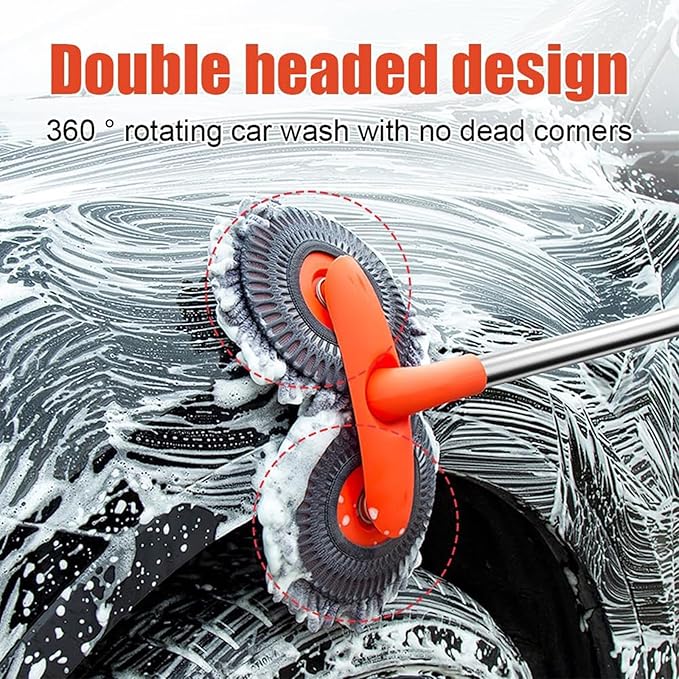 Retractable Double Head Car Wash Brush 360° Rotating Long Handle Car Cleaning Kit Brush Chenille Microfiber Car Wash Mop Not Hurt Paint Scratch Free((Single Set + 1 Spare Brush Head)