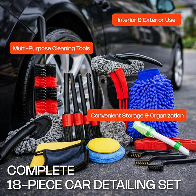 18-Piece Car Detailing Kit – Complete Auto Interior and Exterior Cleaning Set with Detail Brushes, Wire Brushes, Waxing Mop, and Microfiber Accessories for Vehicles