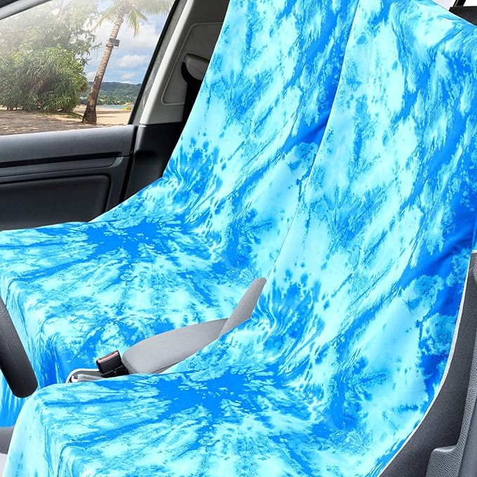 Hahafelt 1 Pack Car Seat Towel Covers with Storage Bag, 63 x 32 Inch Universal Non Slip Waterproof Sweat Protector for Car Truck, Gym Swimming Running, Machine Washable (Blue Tie Dye)