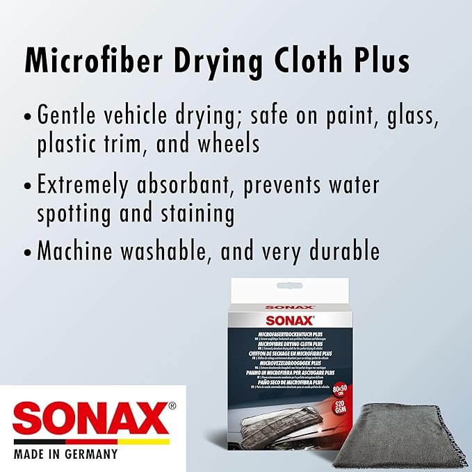 SONAX Microfiber Drying Towel Plus | Ultra-Absorbent Twisted Loop Microfiber Car Drying Towel | Streak-Free & Scratch-Safe | Large 30"x20" Soft Drying Cloth | Machine Washable & Long-Lasting | 451200