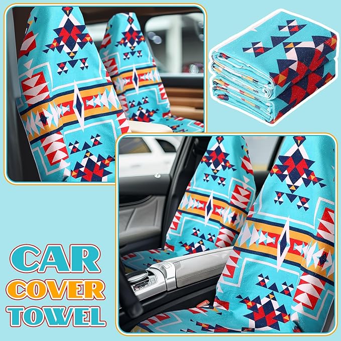 Hahafelt 2 Pack Car Seat Towel Covers Athletic Running Towel Performance Microfiber Post Workout Sweat Washable Cover Non Slip for Seat Outdoor Sport (Navajo Tribal)