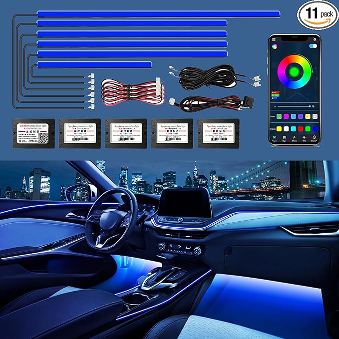 RGB Acrylic Ambient Lighting Car Lights, LED Strip Lights with APP Control, 593 LEDs Interior Car Lights, 6 in 1 Neon Car Ambient Neon Light Kits