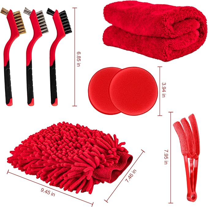Amiss 18 PCS Car Cleaning Tools Kit, Car Detailing Brush Set with Driller Attachment Set, Car Wash Kit, Car Cleaning Brushes for Cleaning Interior, Exterior, Wheels, Etc. (Red)