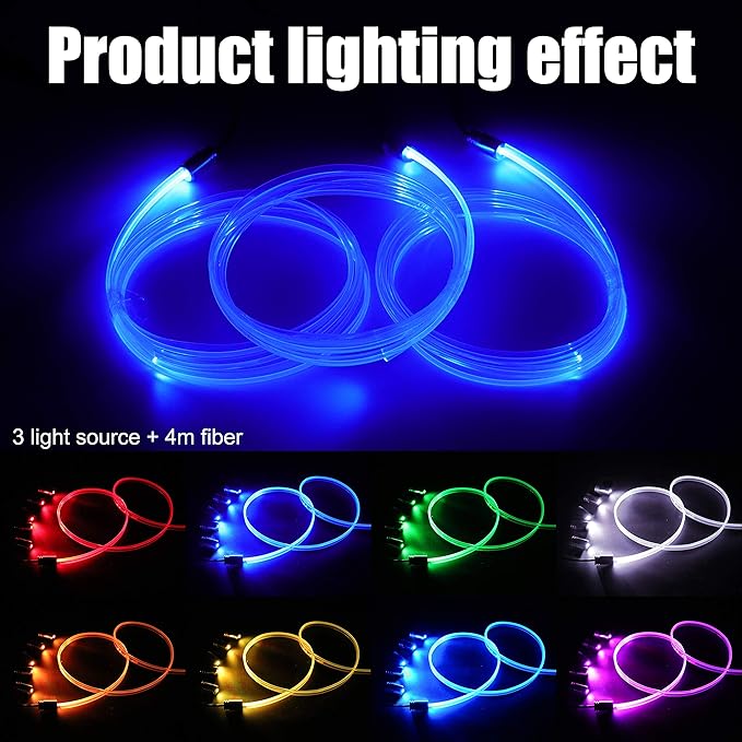 Car Atmosphere Light Kit 4m Fiber Optic RGB Multicolor Sound Active Music Sync Memory Function RF Remote Controller + Bluetooth APP Control 64 Colors USB Car Interior Ambient Lighting Kit 12V