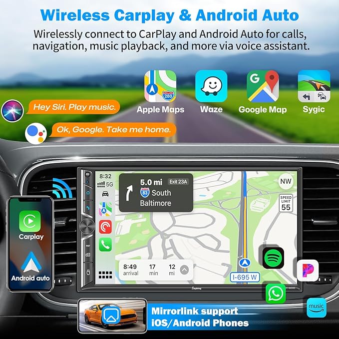7" Double Din Car Stereo Compatible with Wireless Apple CarPlay & Android Auto, 240W 4.2-Channel Dual Subwoofer Ports, Touchscreen, Bluetooth 5.3, Mirrorlink, Backup Camera, FM/AM Car Radio