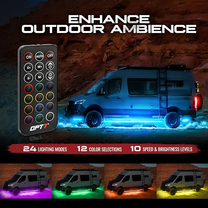 OPT7 Aura Aluminum Underglow for RV Exterior Lights w/Remote Control, 12V LED Waterproof Light Bars, Camper Van Neon Underbody Lighting Kit, RGB Multicolor Motorhome Travel Trailer, Outdoor Decor
