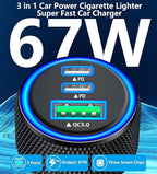 USB C Car Charger, Rombica 2Pack 3-Port 67W Dual PD USB-C&USB-A Car Power Cigarette Lighter USB Charger 3 in 1 PD/QC Type C Fast Car Charge for iPhone 17 17 Pro Max 16 15 14 13 12/Galaxy S26 S25/Pixel