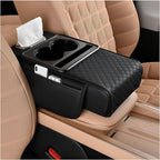 Zpana Car Center Console Armrest Pillow, Memory Foam Leather 4 in 1 Vehicle Arm Rest Cover with Tissue Box 2 Side Storage Bag Cup & Phone Holder, Auto Armrest Cushion, Universal Fit (Black)