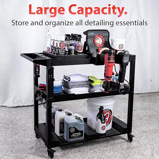 Adam's Polishes Professional Detail Cart Powder Coated Metal Car Detailing Cart for Garage | Storage Space, Rolling Premium Locking Casters, Polisher Holders, Heavy Duty Workshop, Detailers Garage