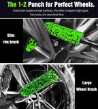 YeewayVeh 3PCS Quick Car Wheel Brush Kit, 2-Size 360° Bendale Rim Cleaner Brushes, Boars Hair Detailing Brush, Fast Scratch-Free Cleaning for Car Wheels, Motorcycle, Green