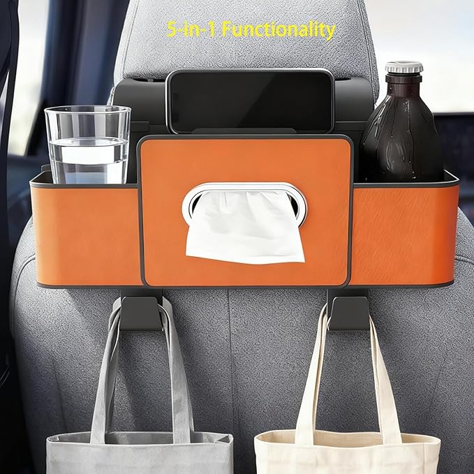 3-in-1 Car Backseat Organizer with Dual Cup Holders, Seat Back Storage Box, Built-in Tissue Holder, Adjustable Universal Design for Neat and Practical Car Interior Storage (Orange)