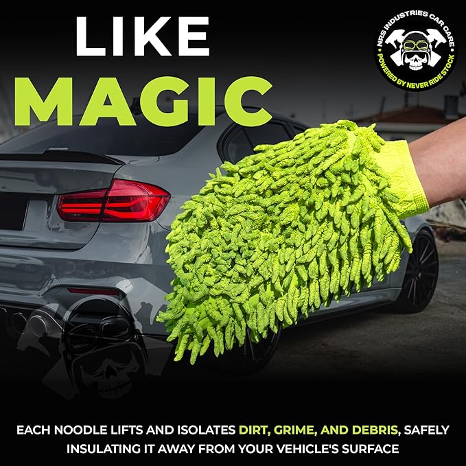 Never Ride Stock Microfiber Car Wash Mitt – Scratch-Free Chenille, Extra Thick & Ultra Absorbent – Safe for Black & Dark Paint – Lint-Free, Reusable Auto Cleaning Glove