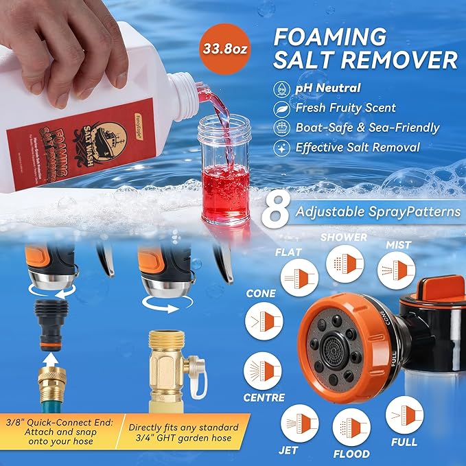 5-in-1 Salt Remover Wash Kit, pH Neutral Boat Cleaner for Boats, Cars& Boating Accessories, Marine Engines & Outboard Motor Flush, Includes Foam Sprayer, XL Towel, Wash Mitt & Scuff Erasers