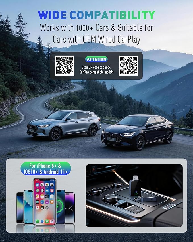 Wireless CarPlay Adapter for iPhone, 2026 Upgraded 2-in-1 Android Auto CarPlay Wireless Adapter, Convert Wired to Wireless, Fast & Stable, Plug & Play, Compatible with Factory Wired CarPlay Cars 2016+