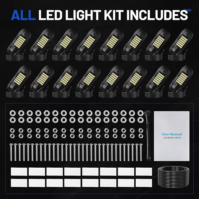 16 Pods 6500k White Rock Lights, IP68 Waterproof 36 LEDs SMD Chips Underglow Kit for Truck Pickup SUV UTV ATV RZR Car Boats