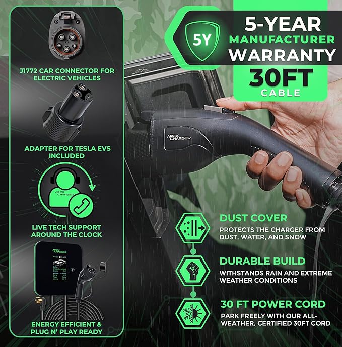 MACH 2:Fast Level 2 EV Charger 48 amp Garage-pro wall-Mount. Electric Vehicle Charging Station 4 Nema 14-50 Outlet. J1772 car Connector. Key Accessories: 30ft Cable & Tesla NACS evse Portable Adapter