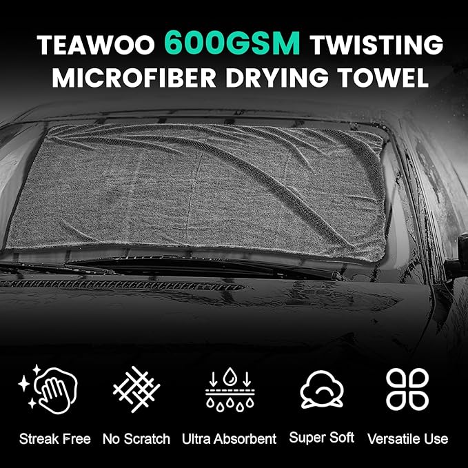 TEAWOO 16-Pack Bulk Microfiber Towels for Cars, Super Absorbent Car Drying Towel, Extra Large Car Towel (600GSM, 24" x 35")
