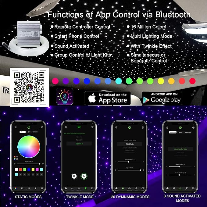 AKEPO Car Home Use APP+Twinkle+Music Fiber Optic Lights kit for Star Ceiling Sky Light, RGBW Light Engine + Optical Fiber Cable 150pcs 0.03in/0.75mm 6.5ft/2m + 28key RF Remote Control